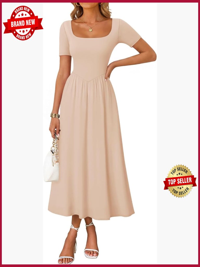 Elegant Square Neck Short Sleeve Midi Dress S-2xl